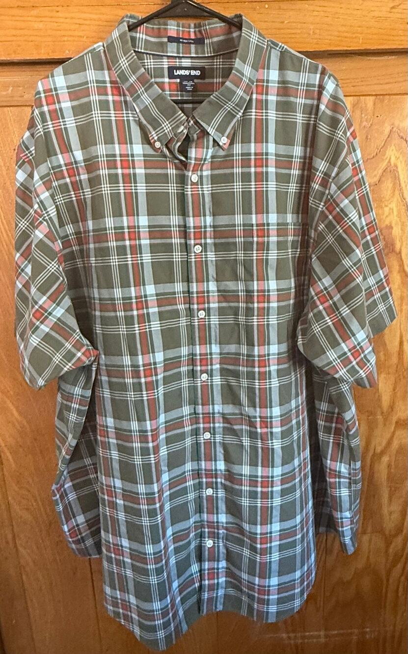 Lands' End Men's 4XLT Twill Plaid Shirt Olive Blue Green